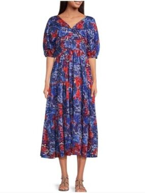 NWT Ro's Garden Floral Ruched Front Puff Sleeve Midi Dress